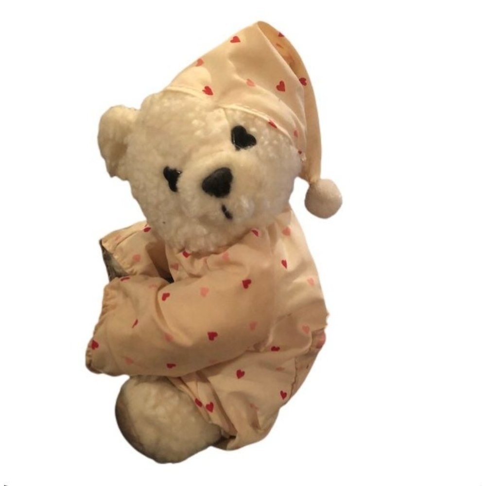 Vintage White Sherpa Teddy Bear Heart Pajama Nightcap Heart Eyes Plush teleflora